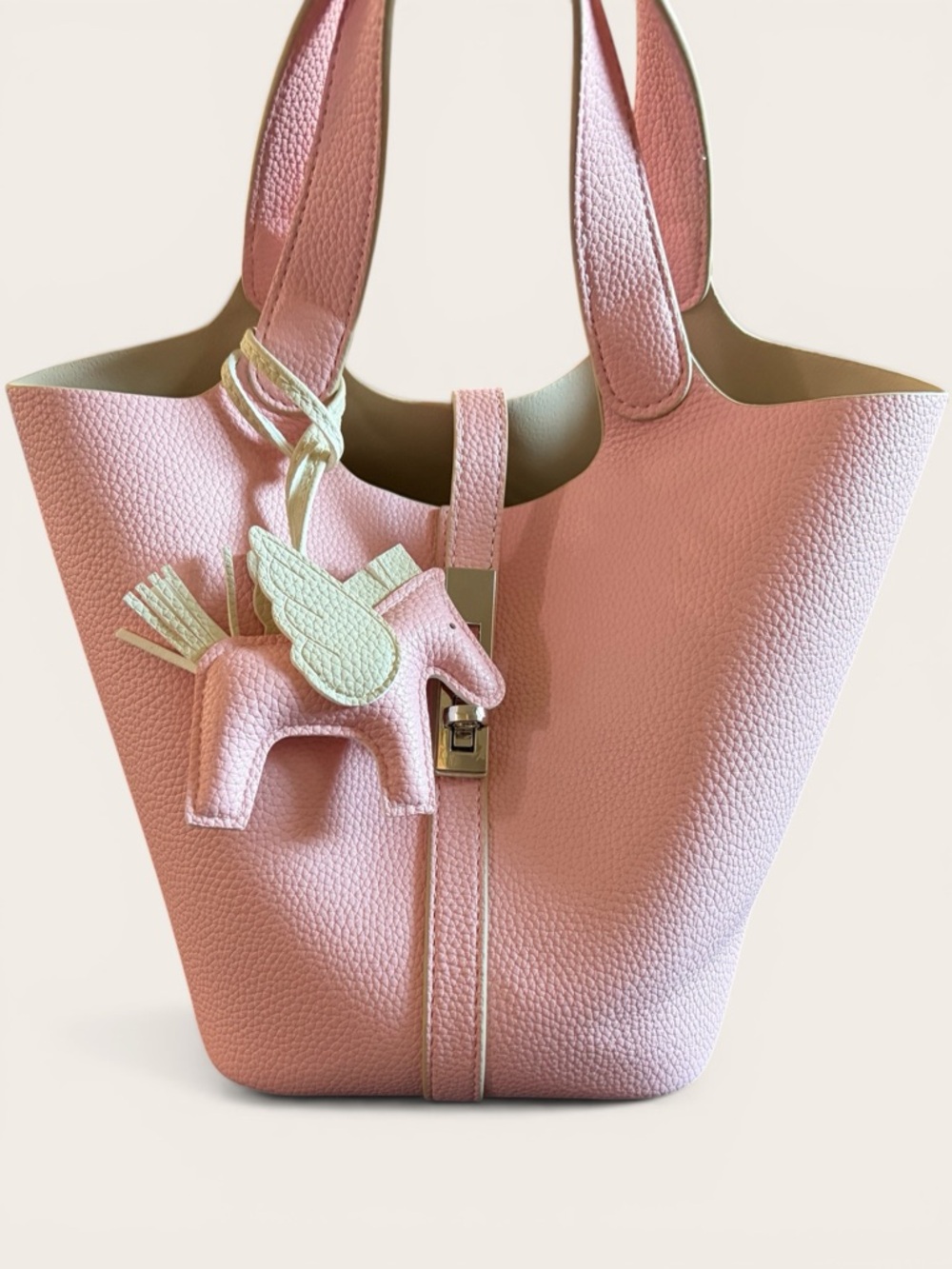 Pink Pebbled Leather Tote Bag with Pegasus Charm